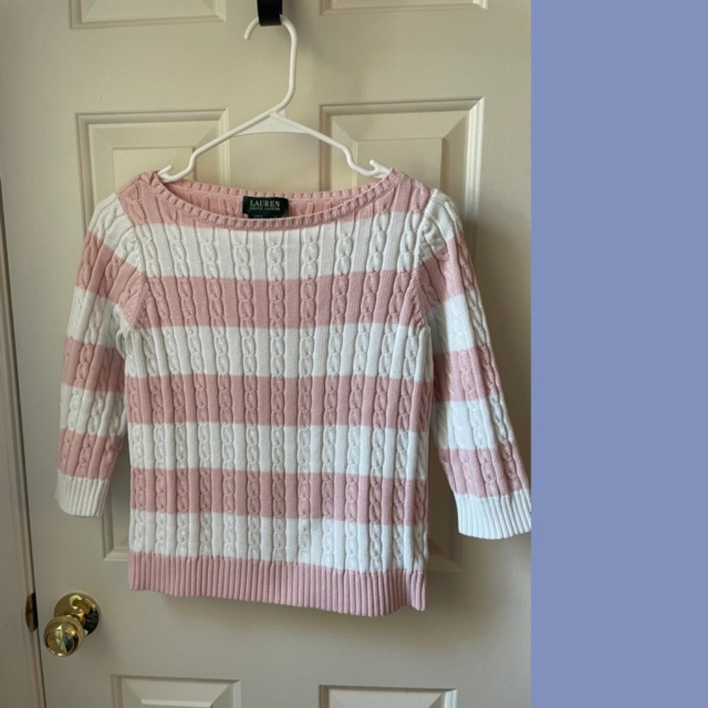 Ralph Lauren Pink and White Cable Knit Sweater